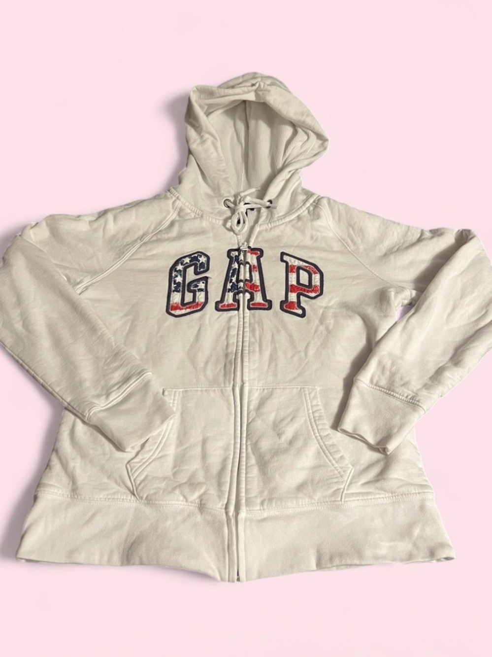 GAP White Zip-Up Hoodie with American Flag Lettering